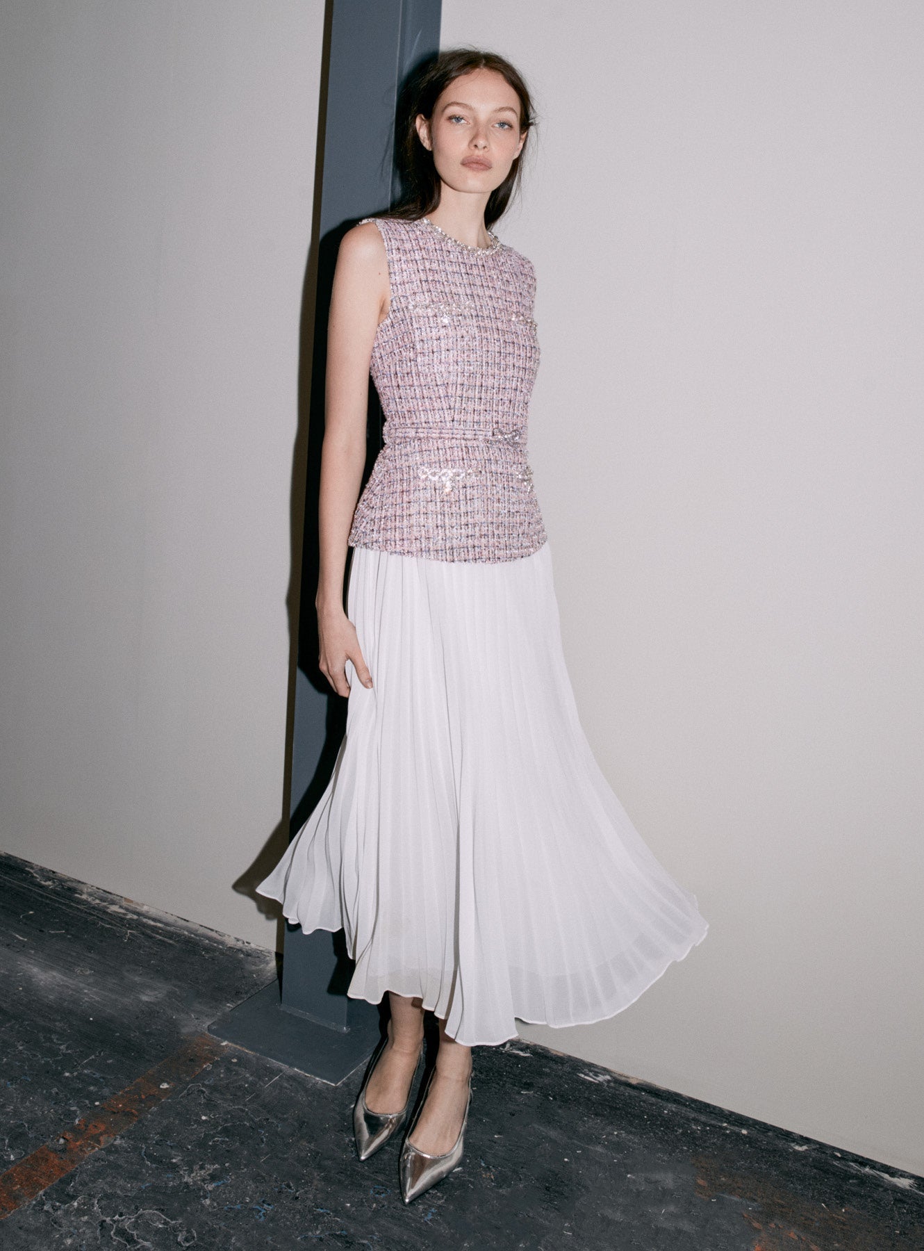 aditi Pink Boucle Chiffon Midi Dress