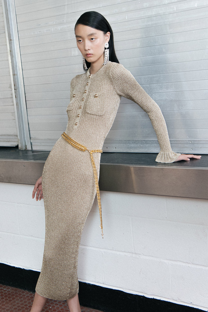 lauren Gold Lurex Ribbed Knit Midi Dress
