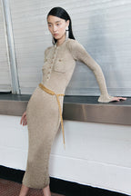 lauren Gold Lurex Ribbed Knit Midi Dress