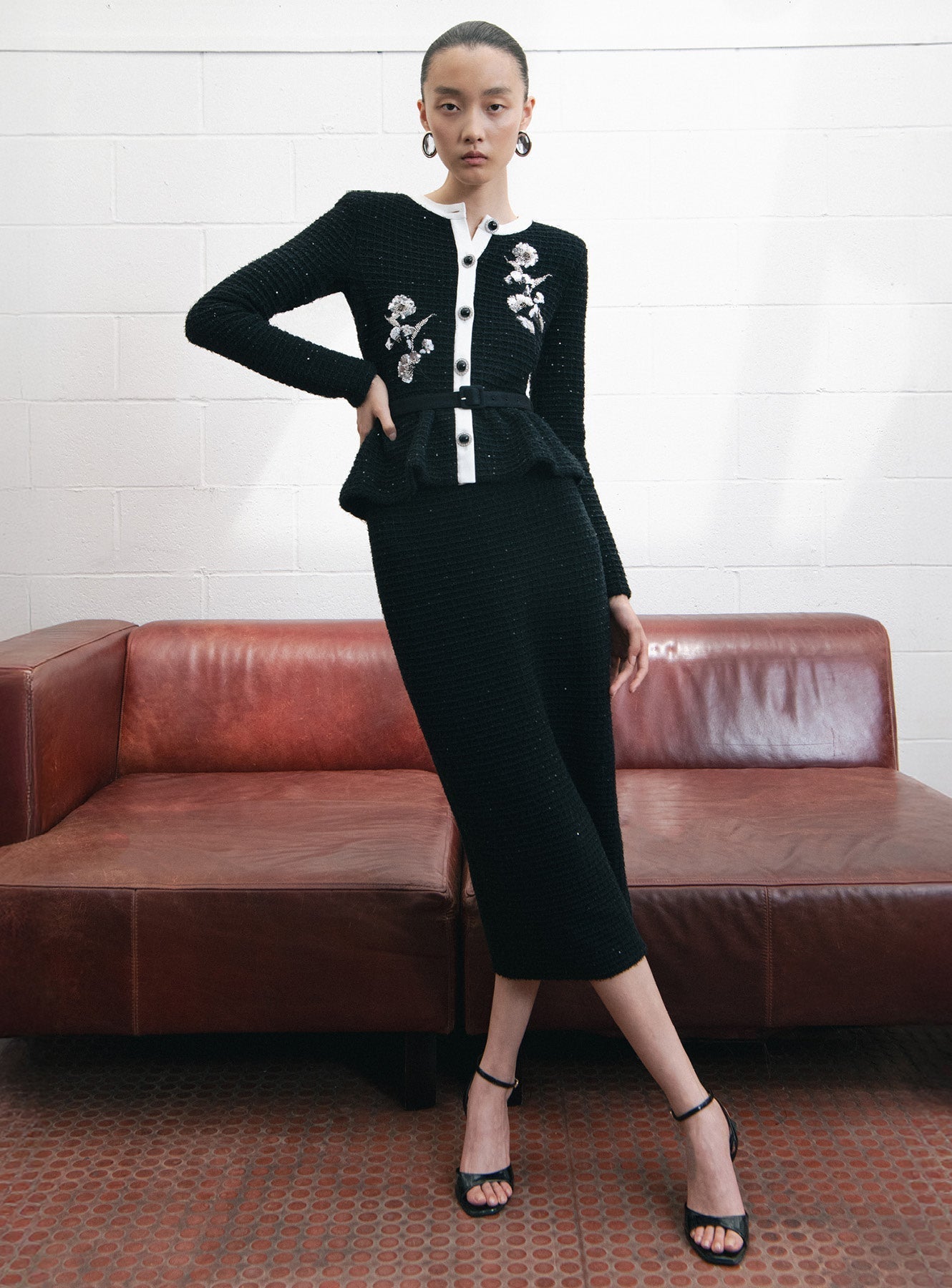 vicky Black Floral Textured Knit Midi Dress