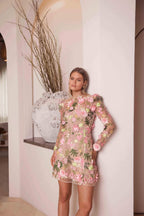 caitlin A-line Floral long sleeve Mini Dress In Pink