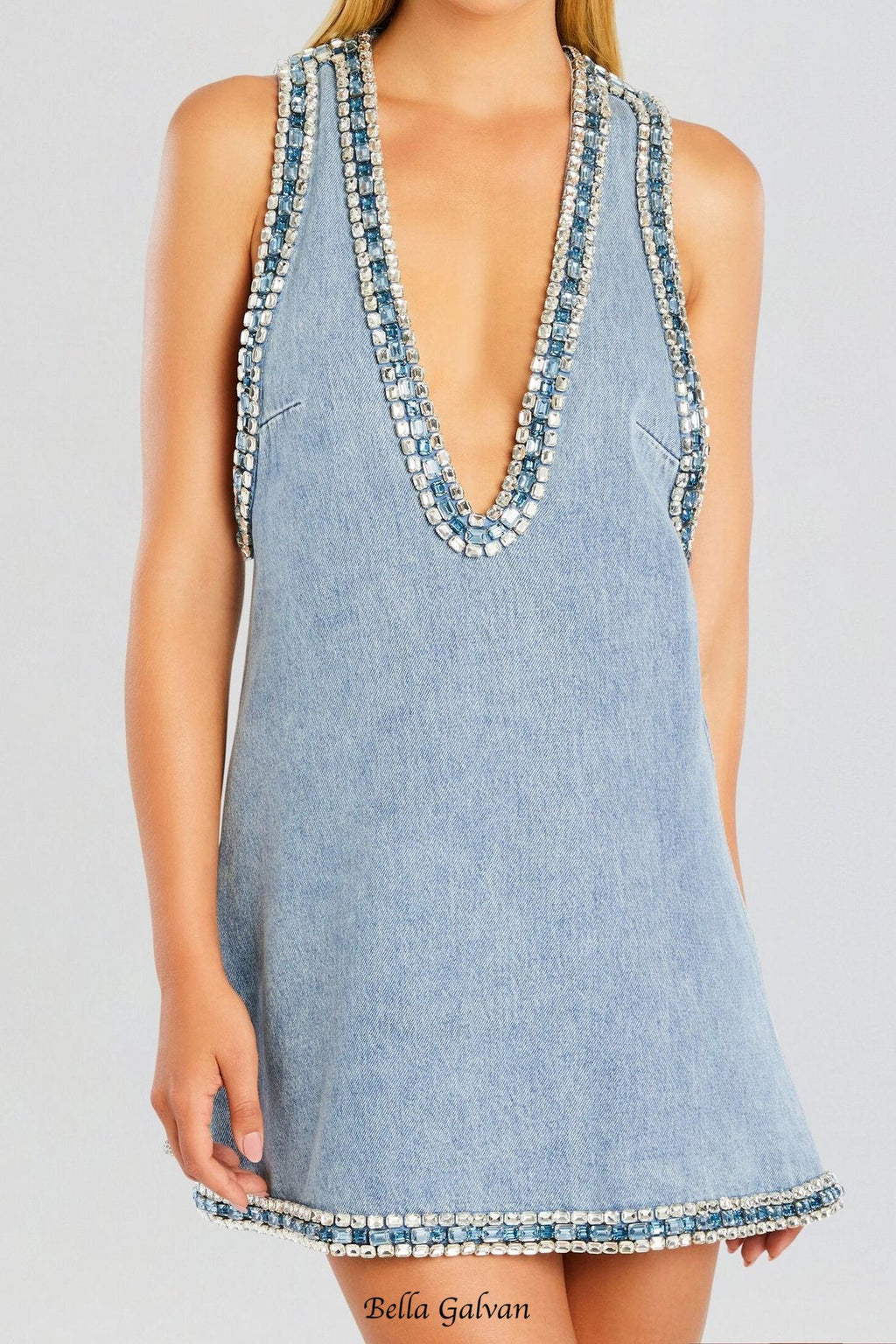 Flowering Girl Women Stevie crystal Embellished Denim mini Dress in pale blue