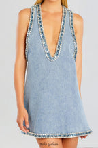 Flowering Girl Women Stevie crystal Embellished Denim mini Dress in pale blue