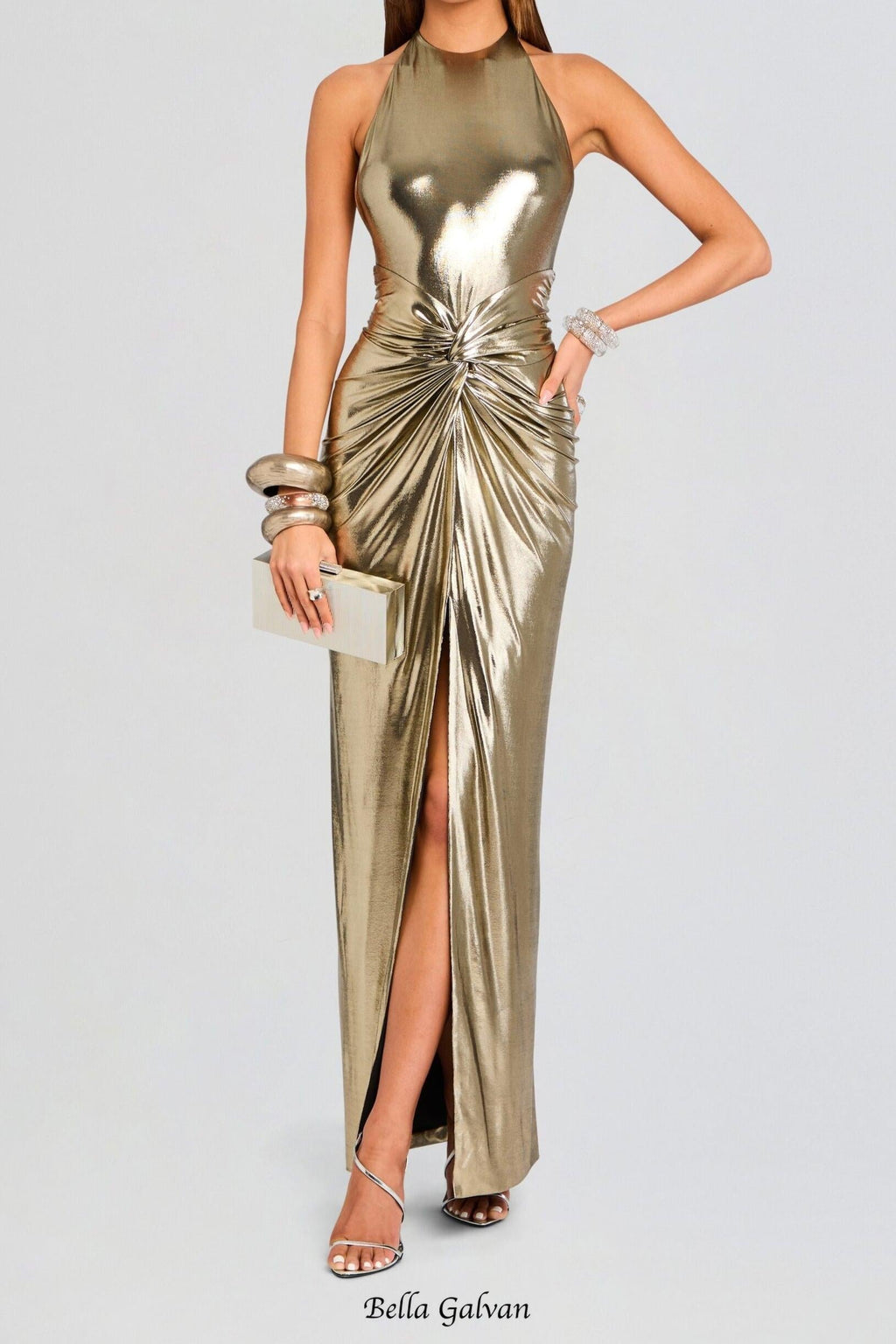 Flowering Girl Women Champagne gold halter neck backless slit gown