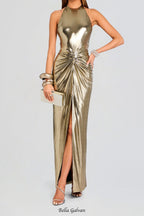 Flowering Girl Women Champagne gold halter neck backless slit gown