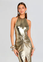 Flowering Girl Women Champagne gold halter neck backless slit gown