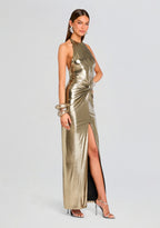 Flowering Girl Women Champagne gold halter neck backless slit gown
