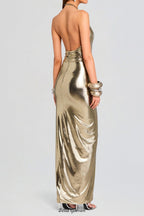 Flowering Girl Women Champagne gold halter neck backless slit gown