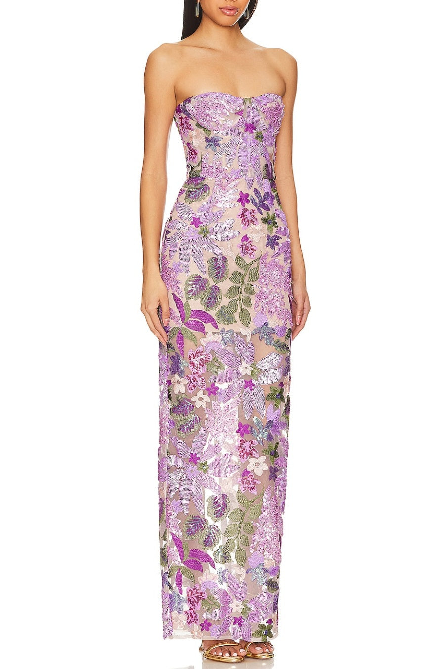 Flowering Girl Women Elara Floral Sequin Embroidered Strapless Maxi Dress - Purple