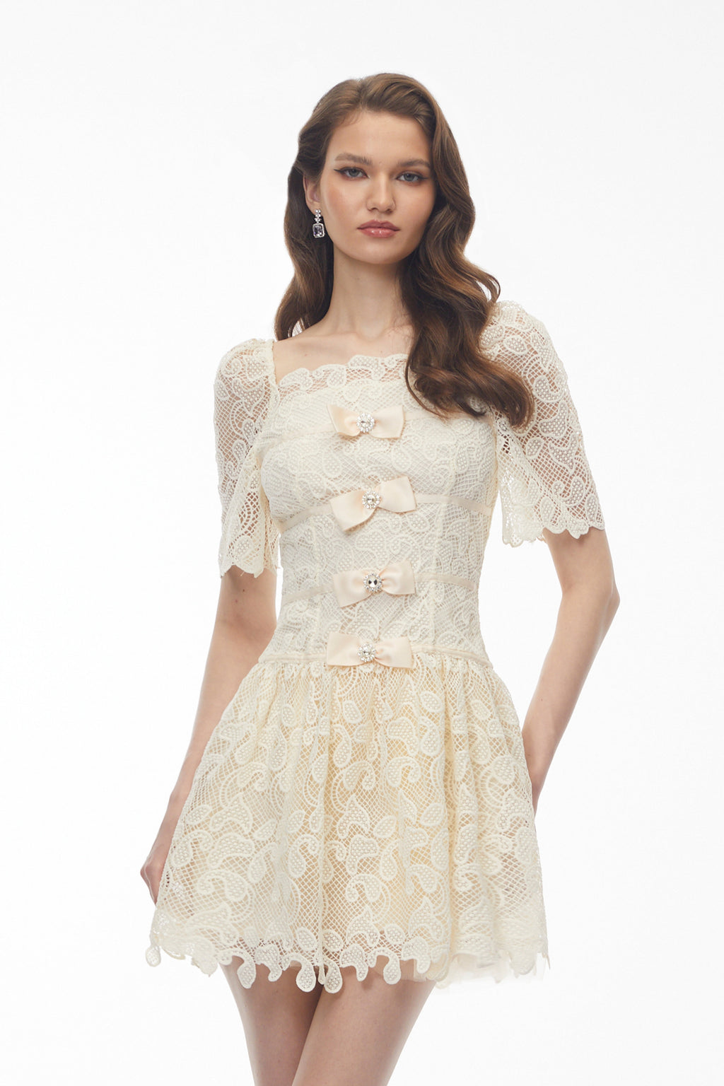 Flowering Girl Women vivien square neck bow Lace Mini Dress - White