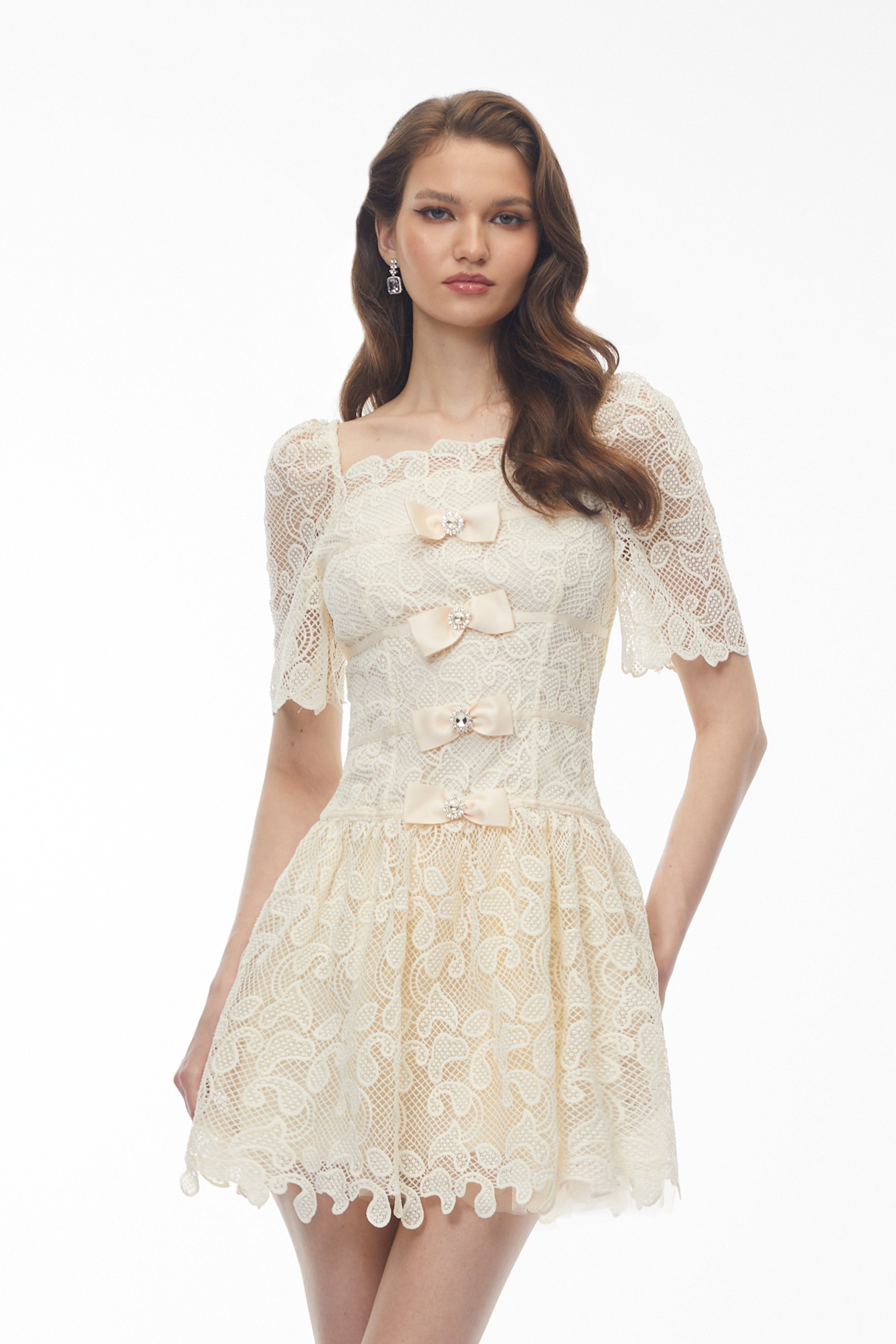 Flowering Girl Women vivien square neck bow Lace Mini Dress - White