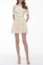 Flowering Girl Women vivien square neck bow Lace Mini Dress - White