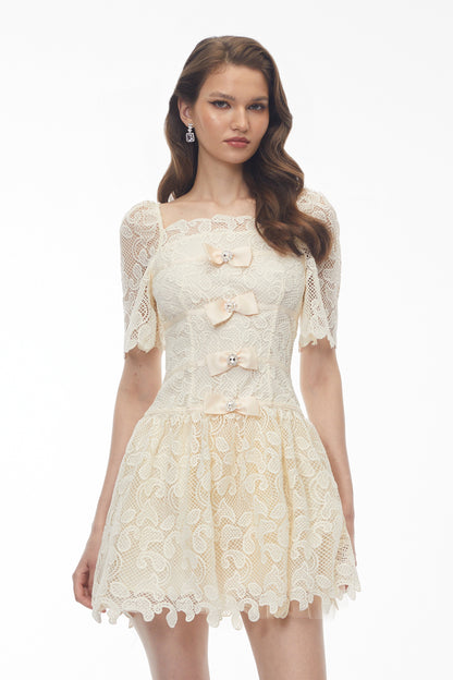 vivien square neck bow Lace Mini Dress - White