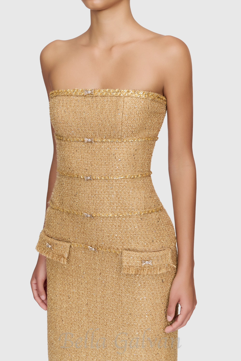 Flowering Girl Women Elborno Gold Embellished Strapless Midi Dress