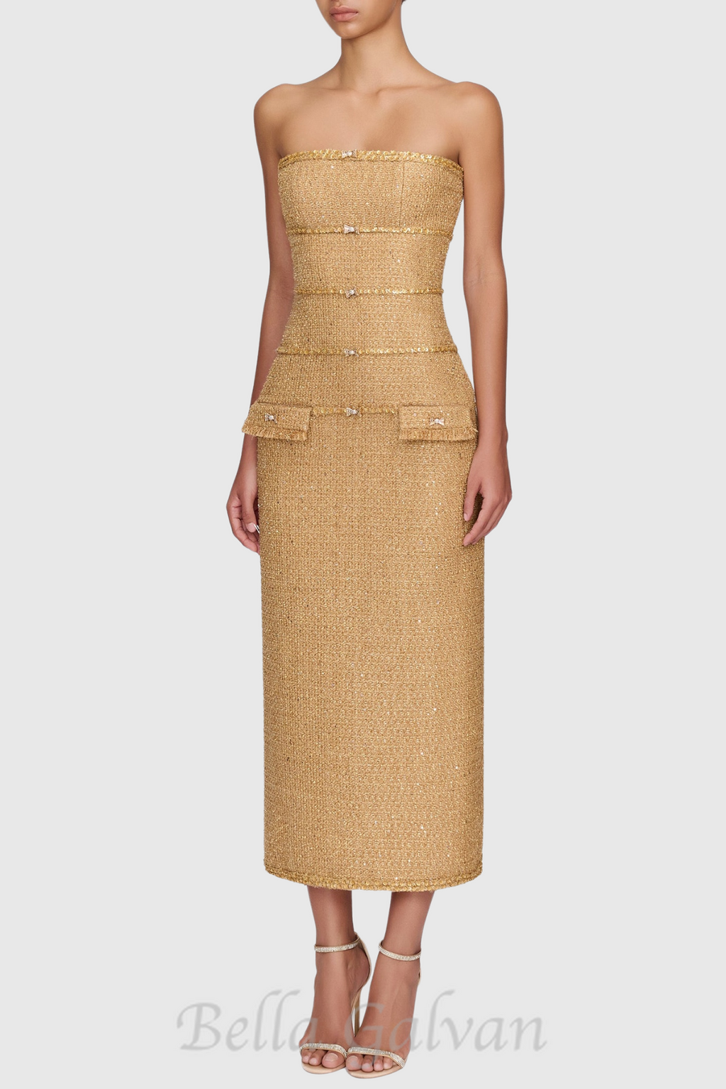 Flowering Girl Women Elborno Gold Embellished Strapless Midi Dress