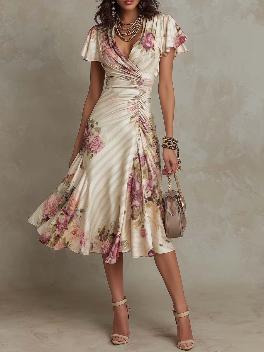 Flowering Girl Women Elegant vintage floral satin midi dress