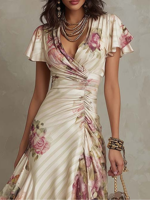 Flowering Girl Women Elegant vintage floral satin midi dress