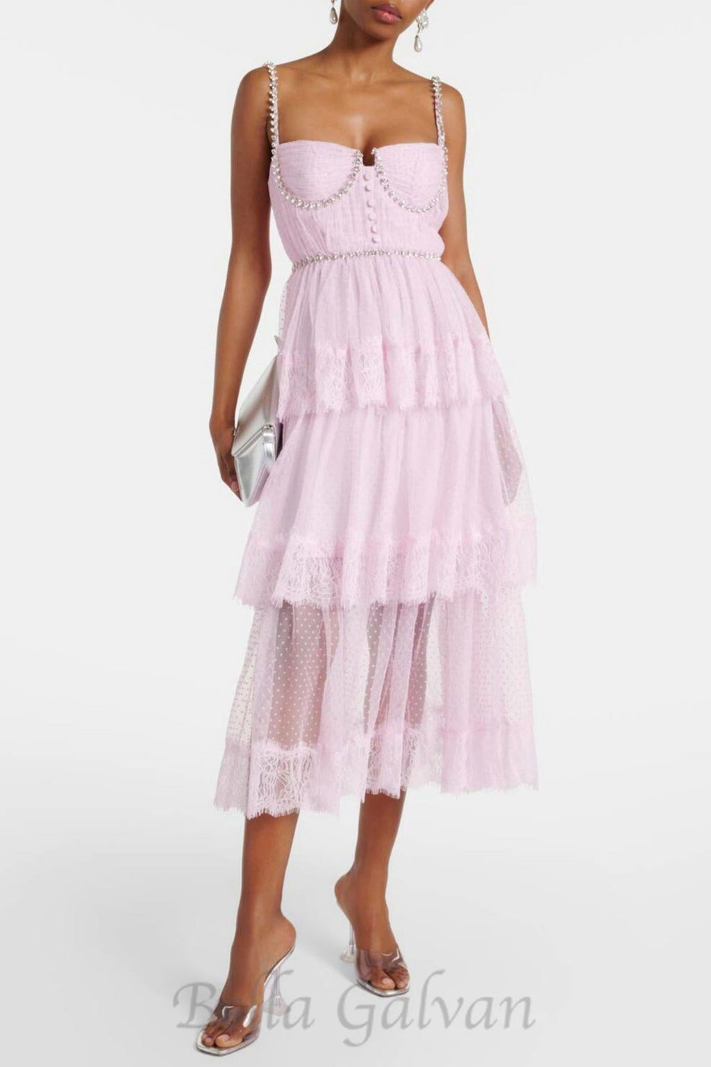 Flowering Girl Women Elgine Crystal-Embellished Lace-trimmed Midi Dress