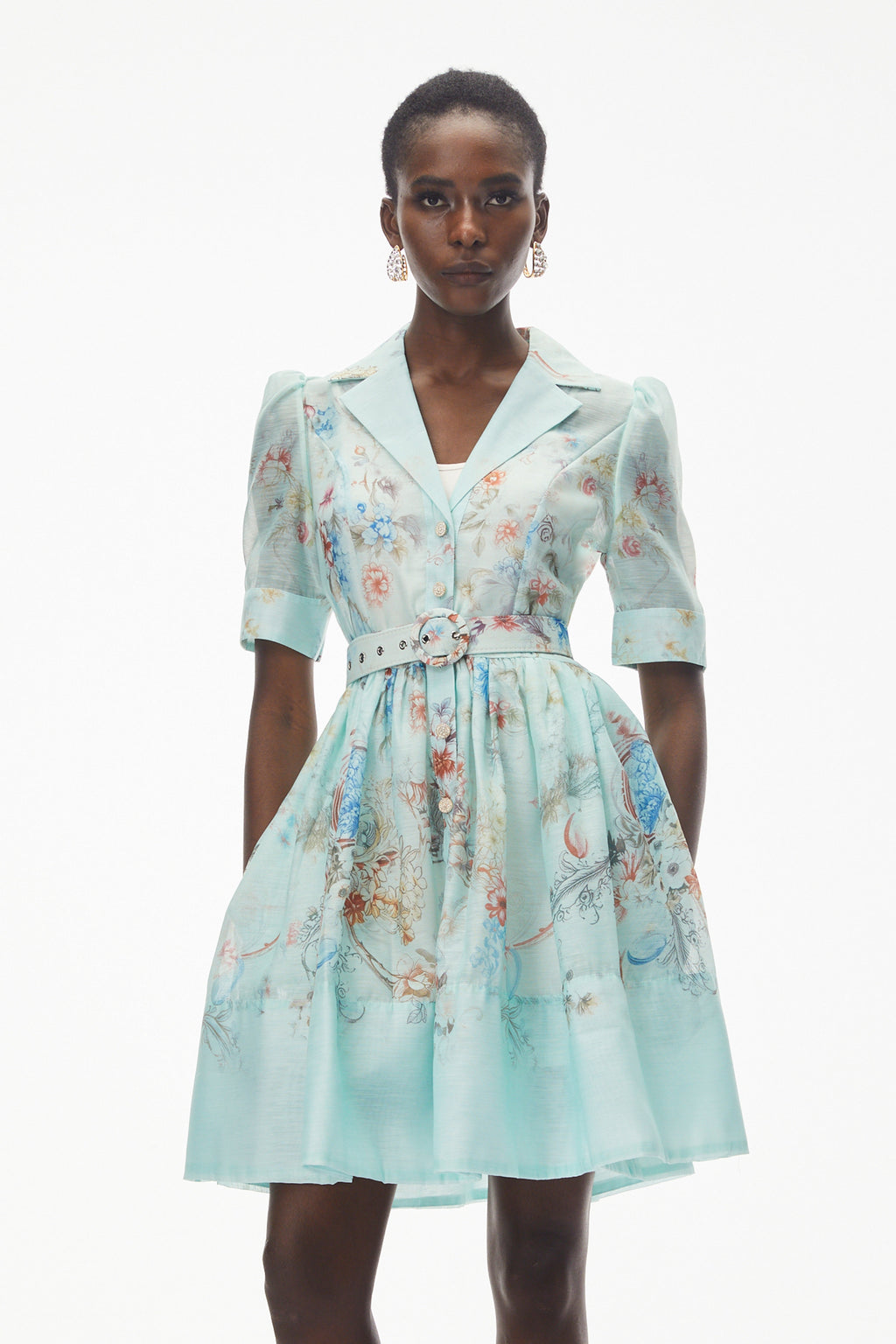 leila Mint Green Floral Print Mini shirt Dress
