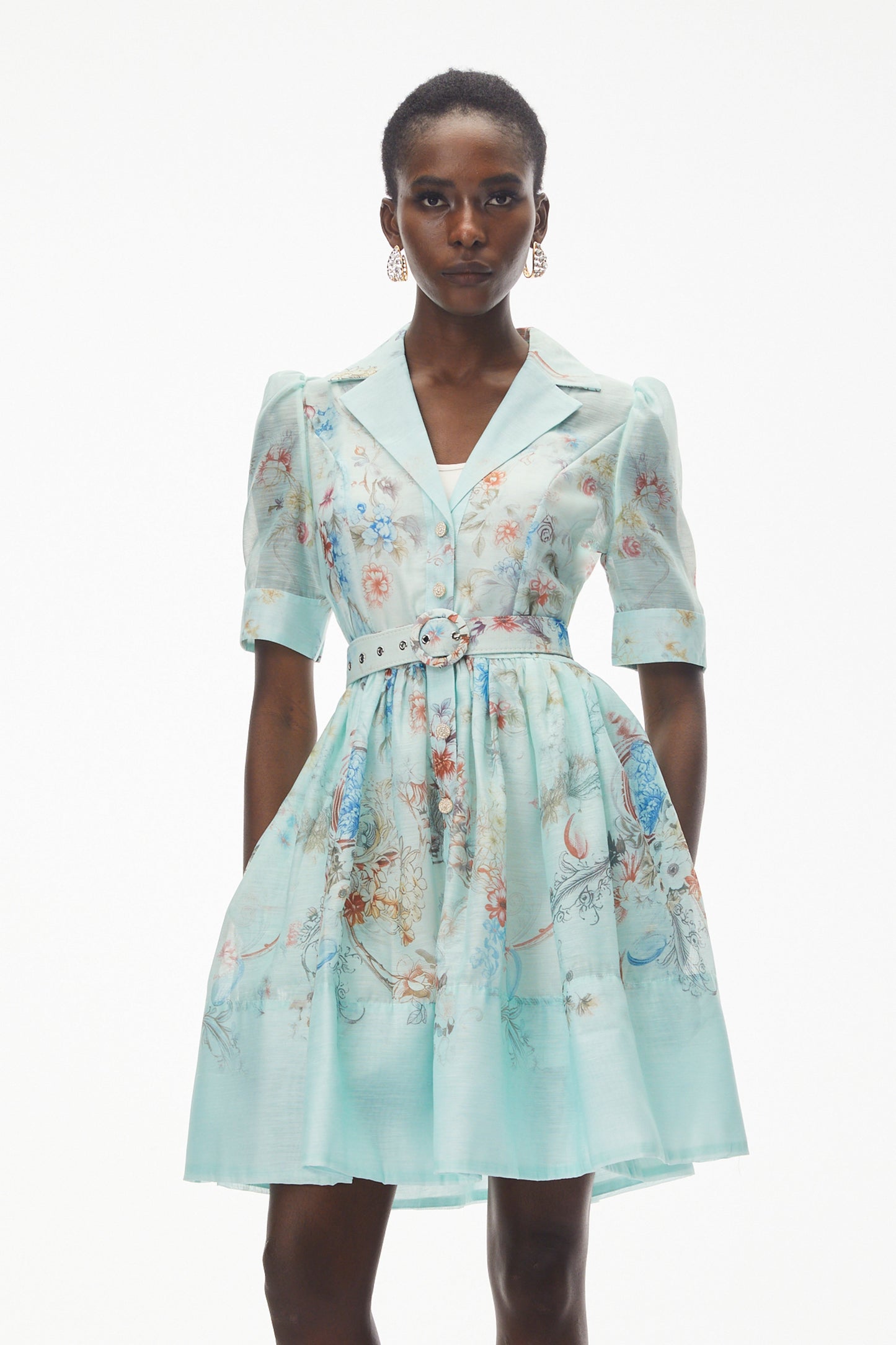 leila Mint Green Floral Print Mini shirt Dress