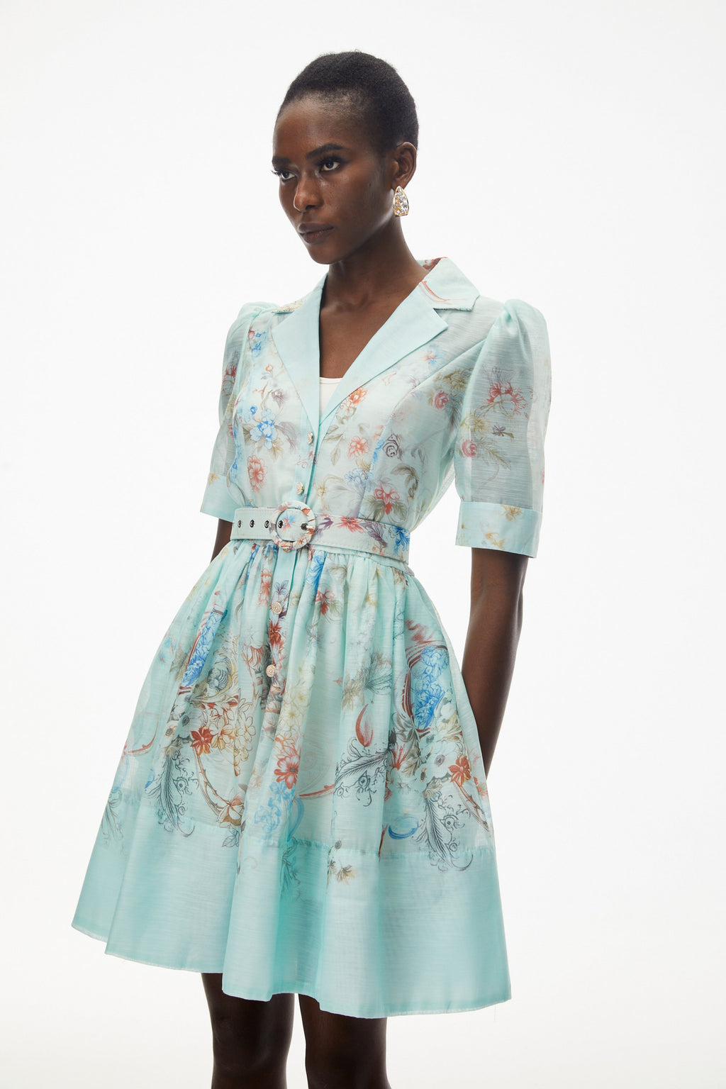 leila Mint Green Floral Print Mini shirt Dress