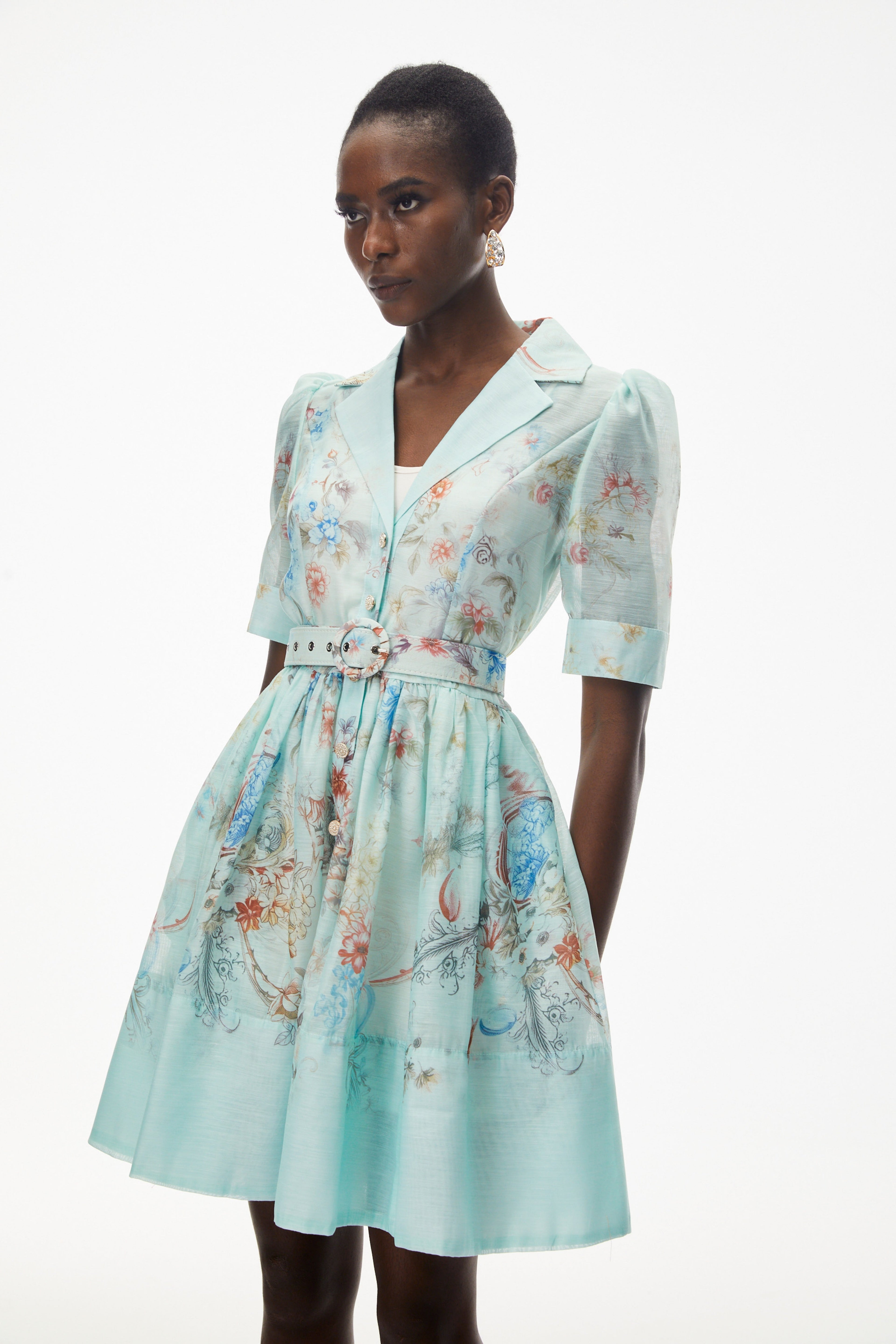 leila Mint Green Floral Print Mini shirt Dress