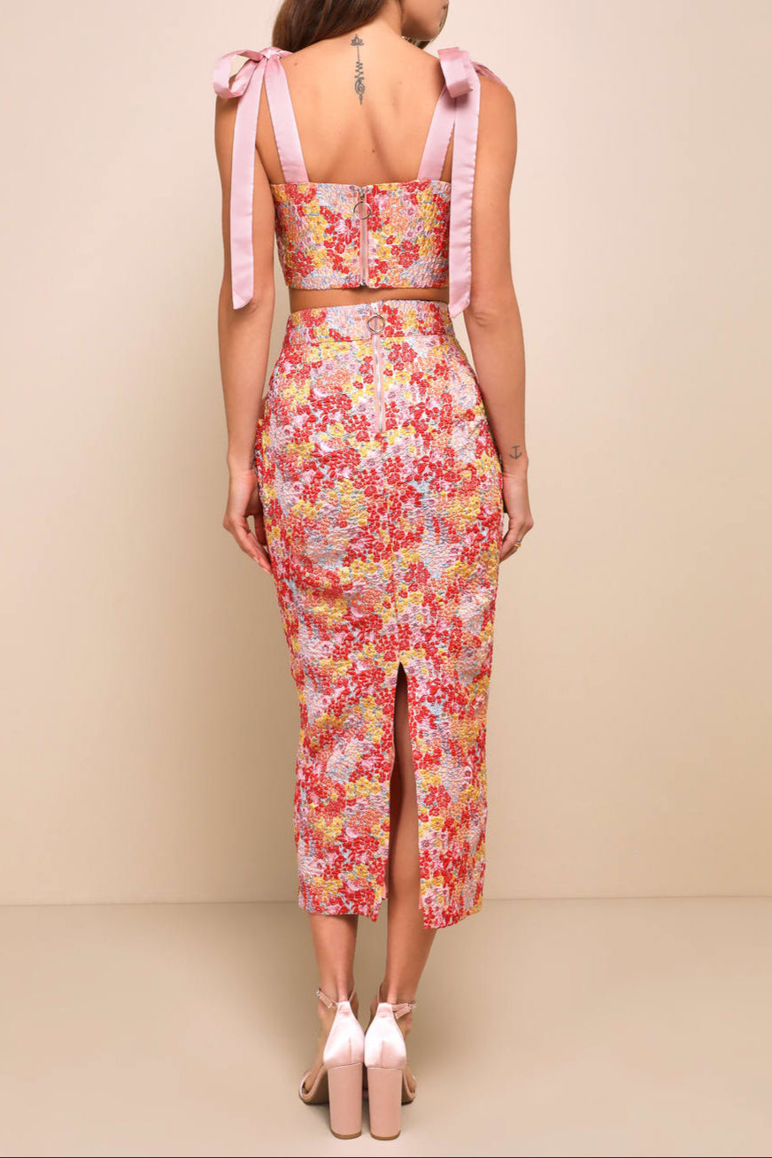 Flowering Girl Women Pink Multi Metallic Tie-Strap Two-Piece Midi Dress