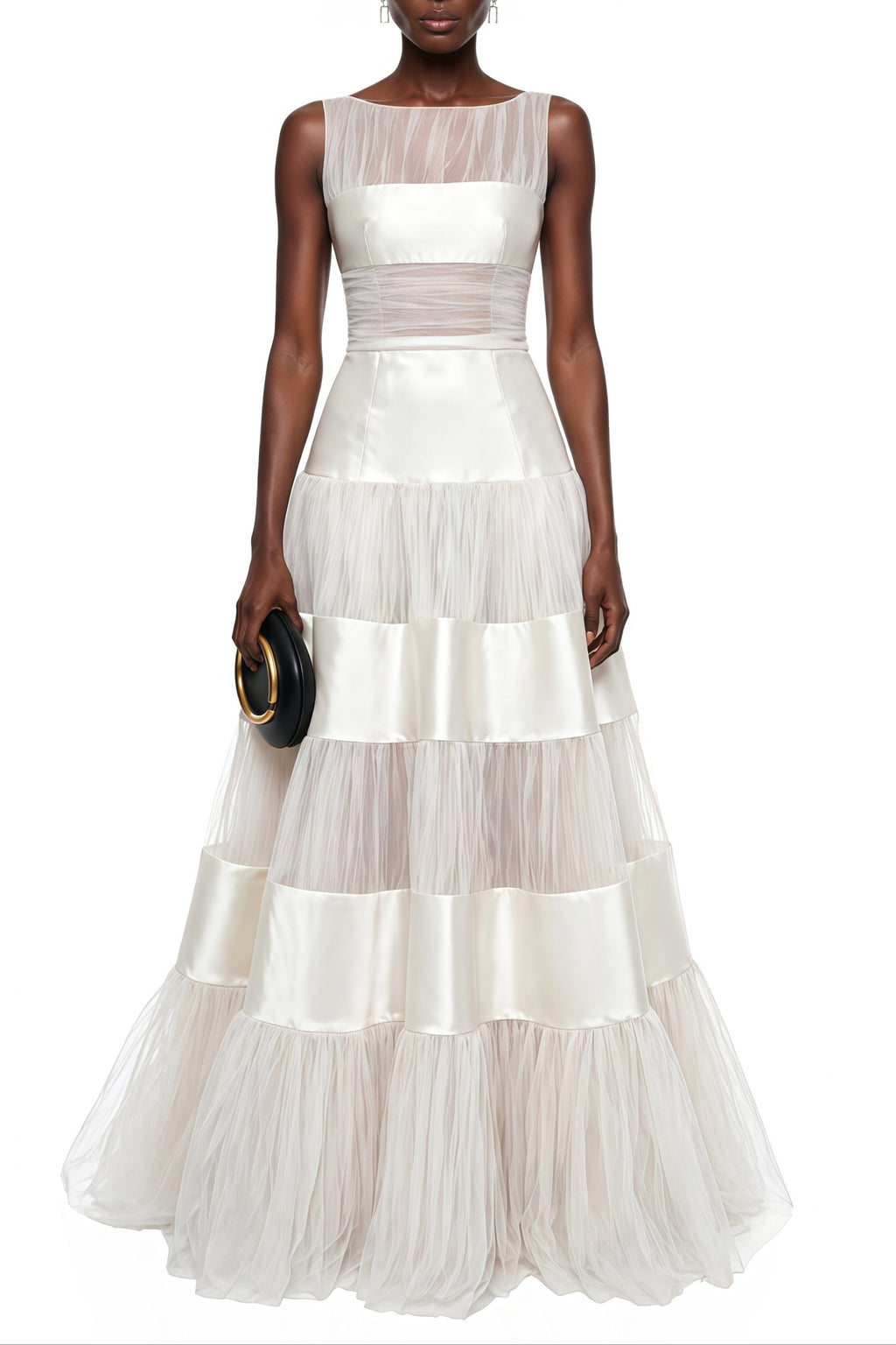 Flowering Girl Women sabrina White Mesh Panel Maxi Dress with Satin Stripes