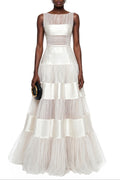 Flowering Girl Women sabrina White Mesh Panel Maxi Dress with Satin Stripes