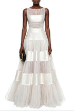 Flowering Girl Women sabrina White Mesh Panel Maxi Dress with Satin Stripes