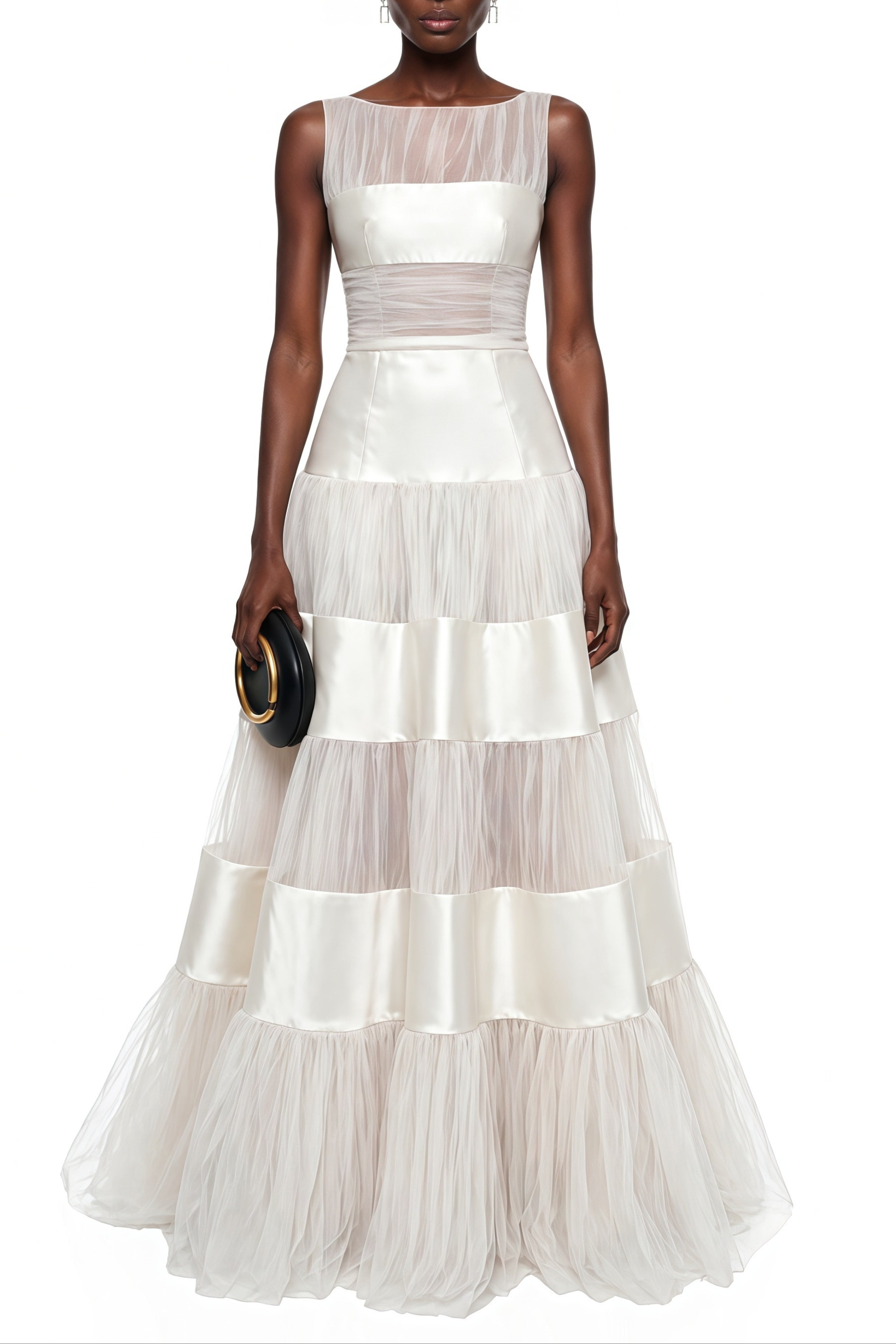 Flowering Girl Women sabrina White Mesh Panel Maxi Dress with Satin Stripes