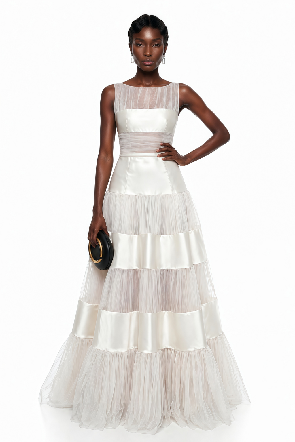 Flowering Girl Women sabrina White Mesh Panel Maxi Dress with Satin Stripes