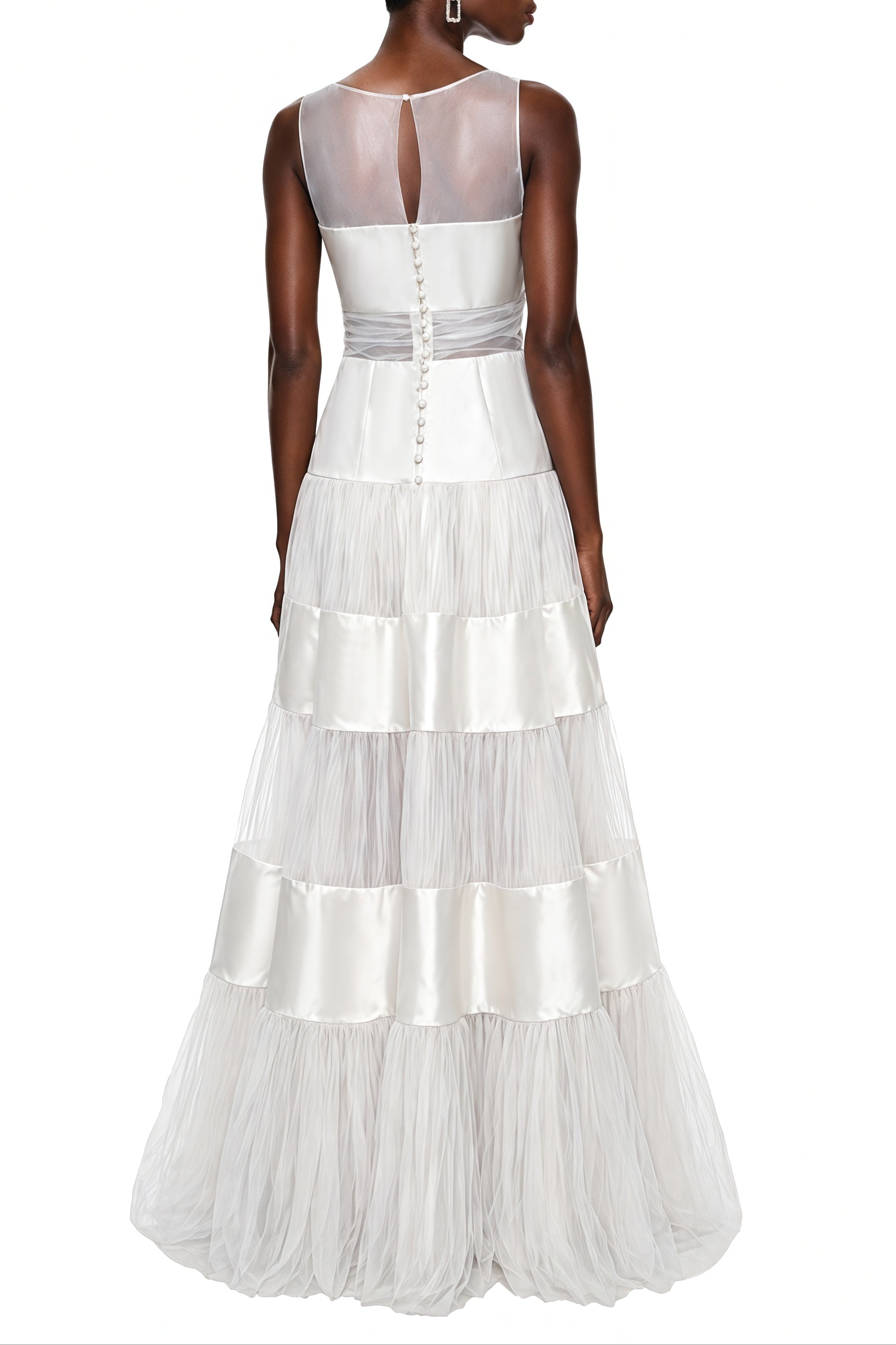 Flowering Girl Women sabrina White Mesh Panel Maxi Dress with Satin Stripes