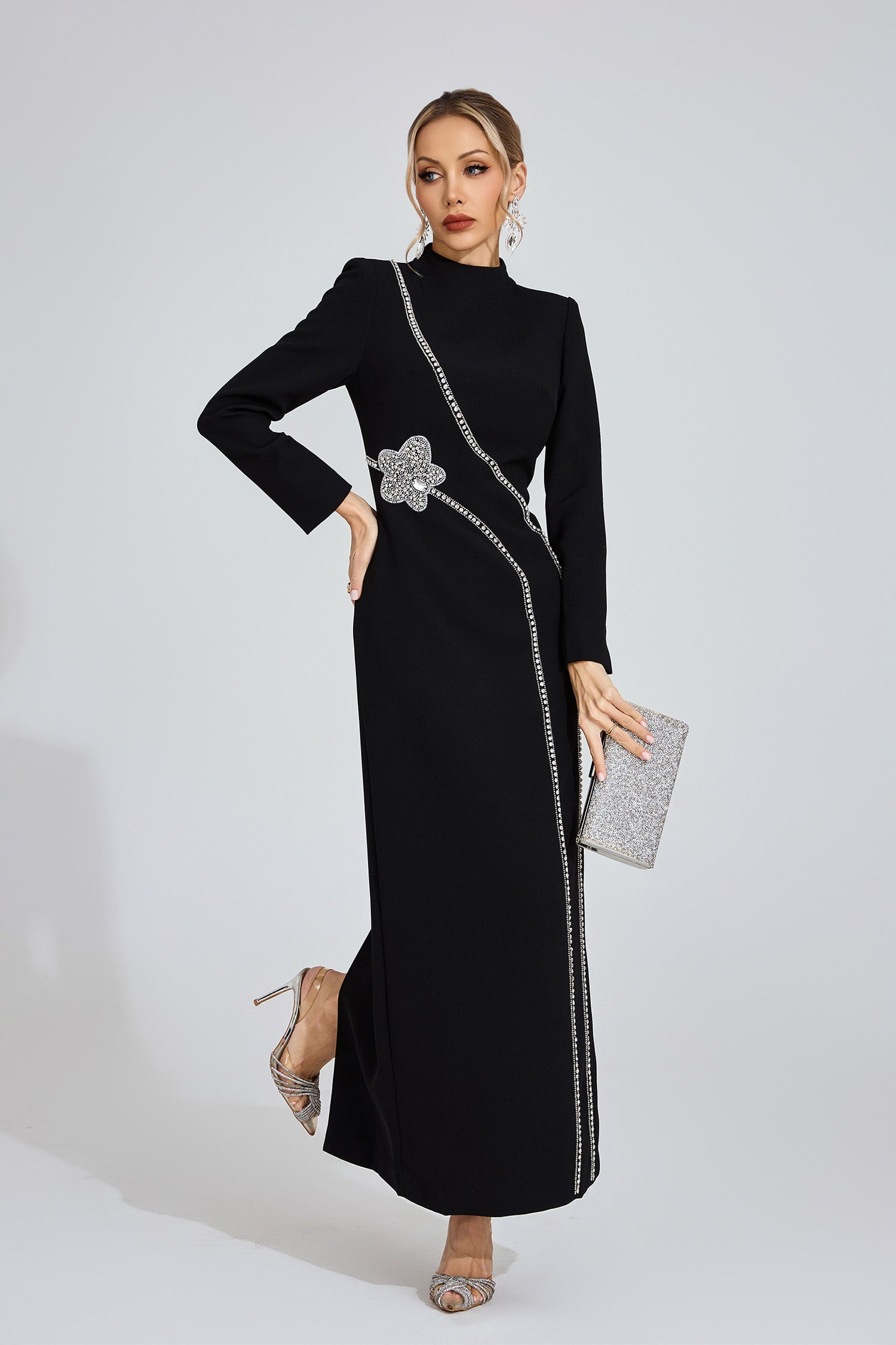 Flowering Girl Women nicola Diamond embellished long sleeve Maxi Dress - black