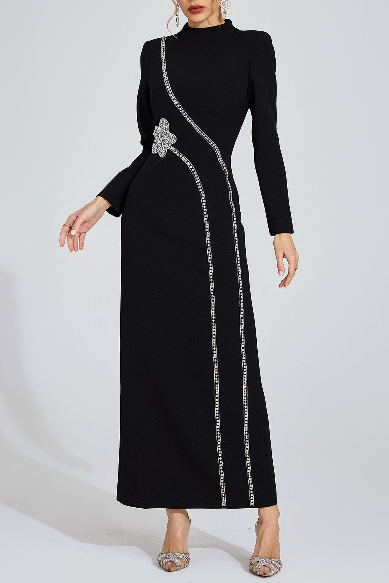 Flowering Girl Women nicola Diamond embellished long sleeve Maxi Dress - black