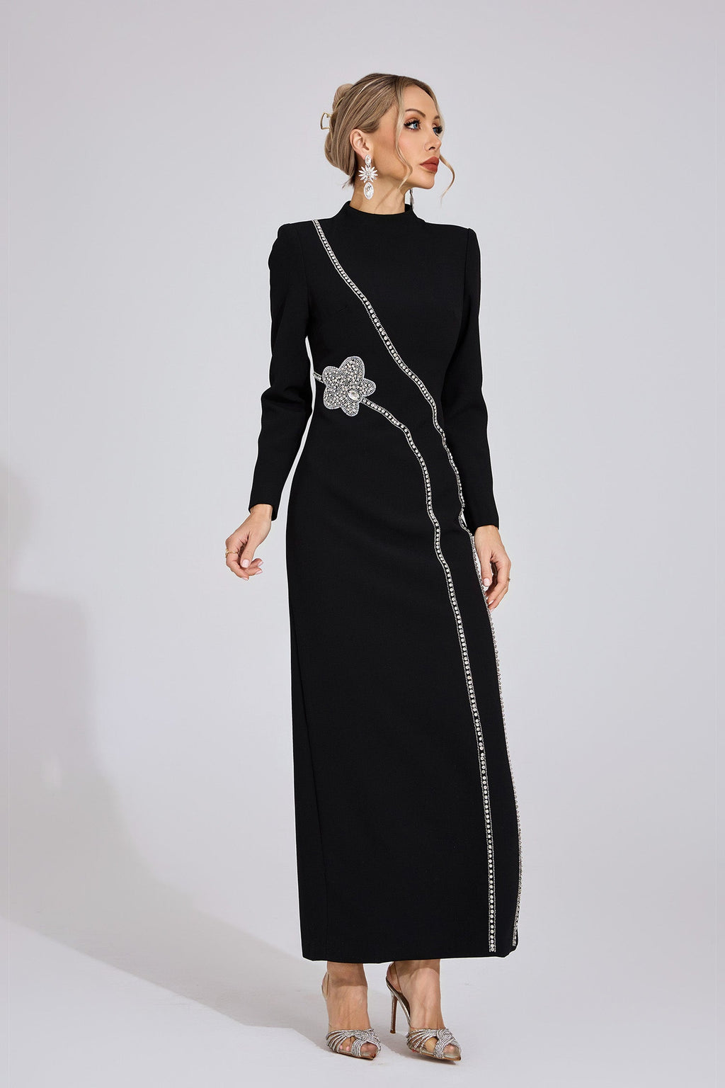 Flowering Girl Women nicola Diamond embellished long sleeve Maxi Dress - black
