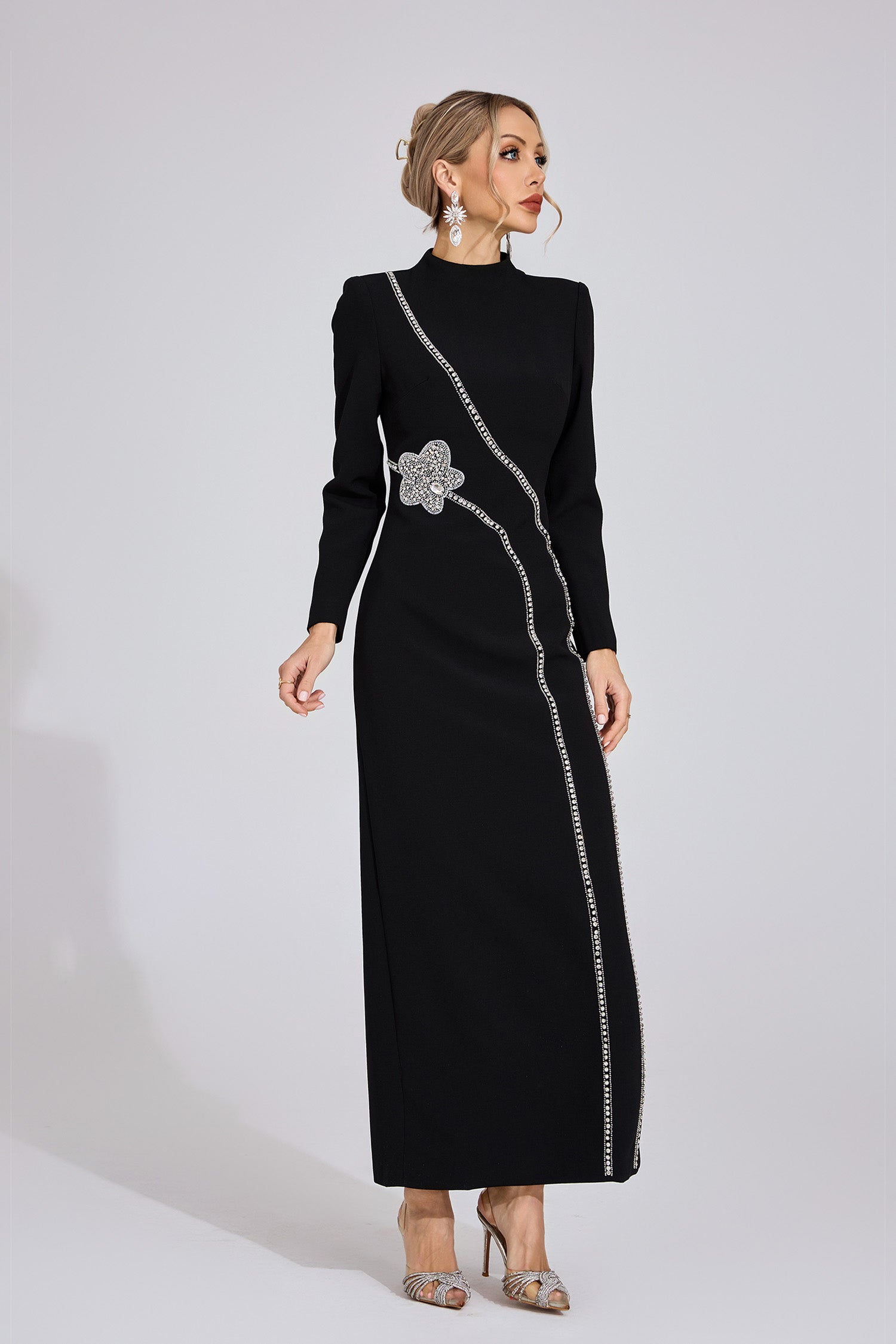 Flowering Girl Women nicola Diamond embellished long sleeve Maxi Dress - black