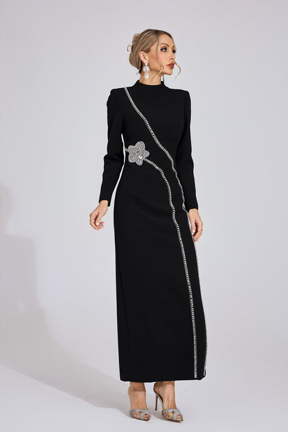 nicola Diamond embellished long sleeve Maxi Dress - black