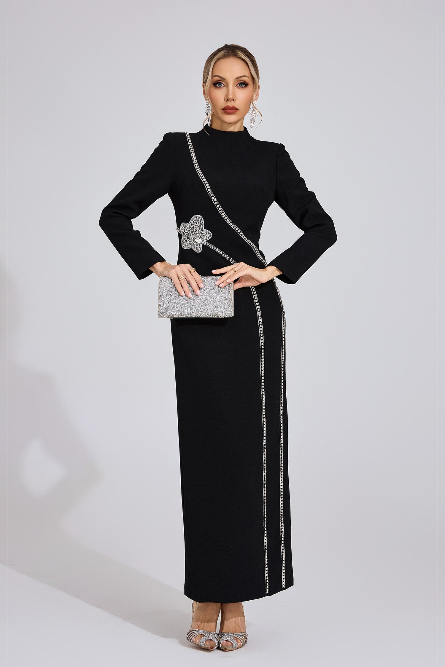 Flowering Girl Women nicola Diamond embellished long sleeve Maxi Dress - black