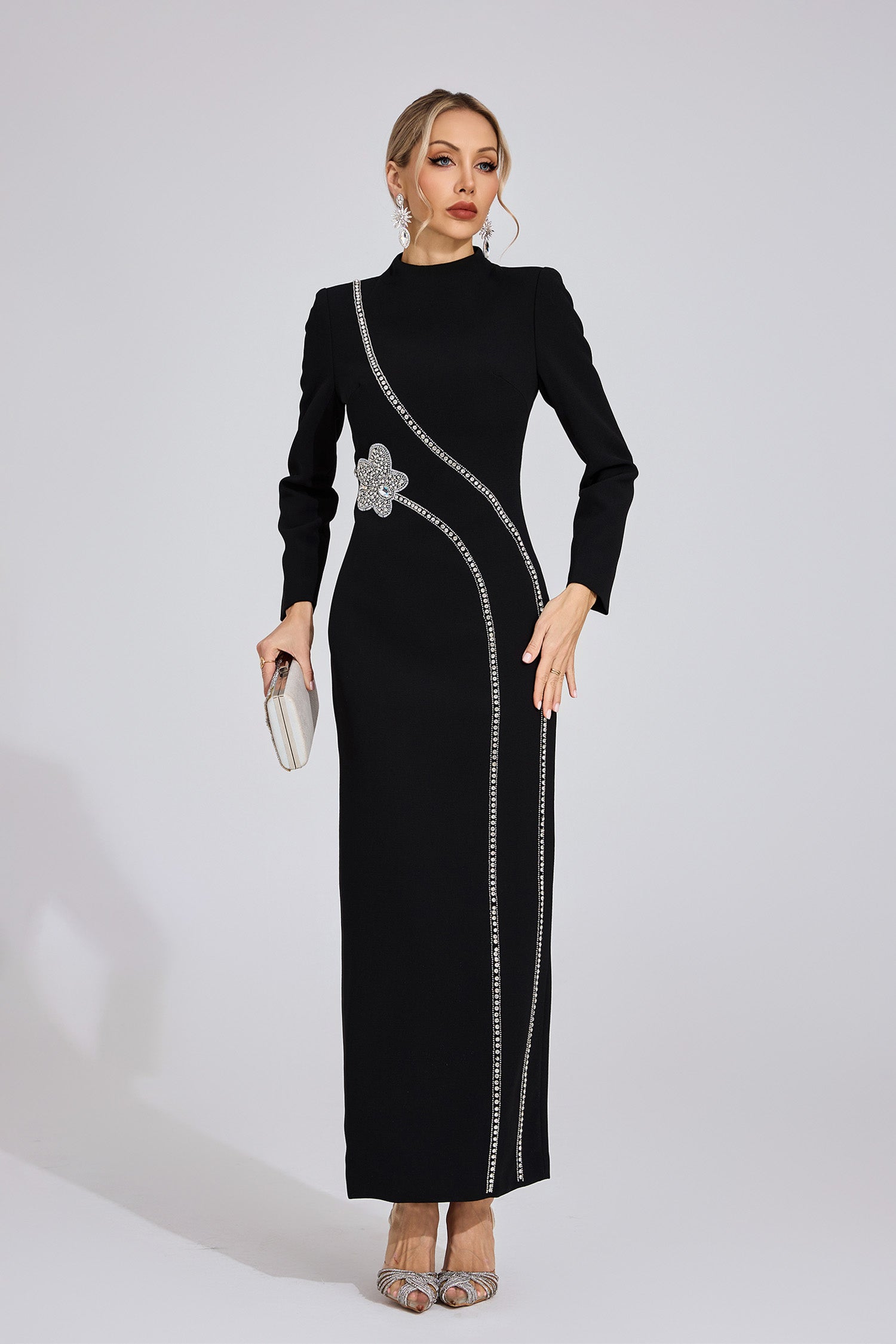 Flowering Girl Women nicola Diamond embellished long sleeve Maxi Dress - black