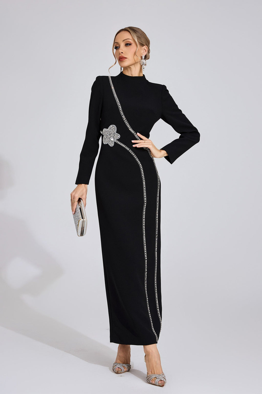 Flowering Girl Women nicola Diamond embellished long sleeve Maxi Dress - black