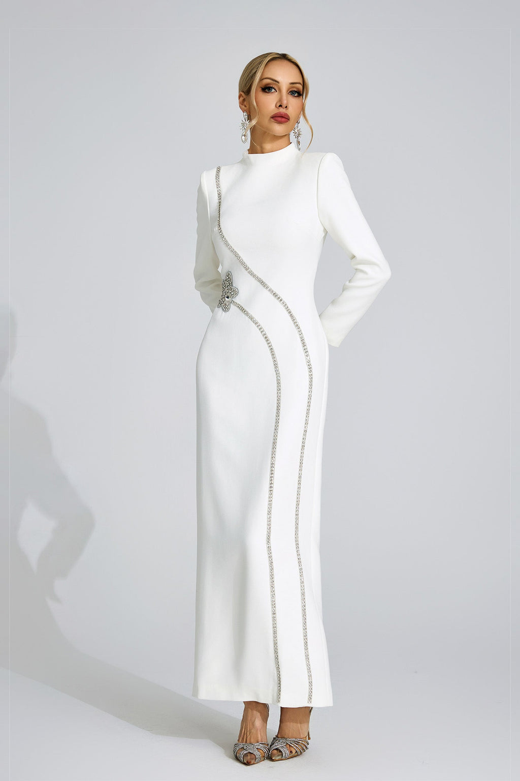 Flowering Girl Women nicola Diamond embellished long sleeve Maxi Dress - white