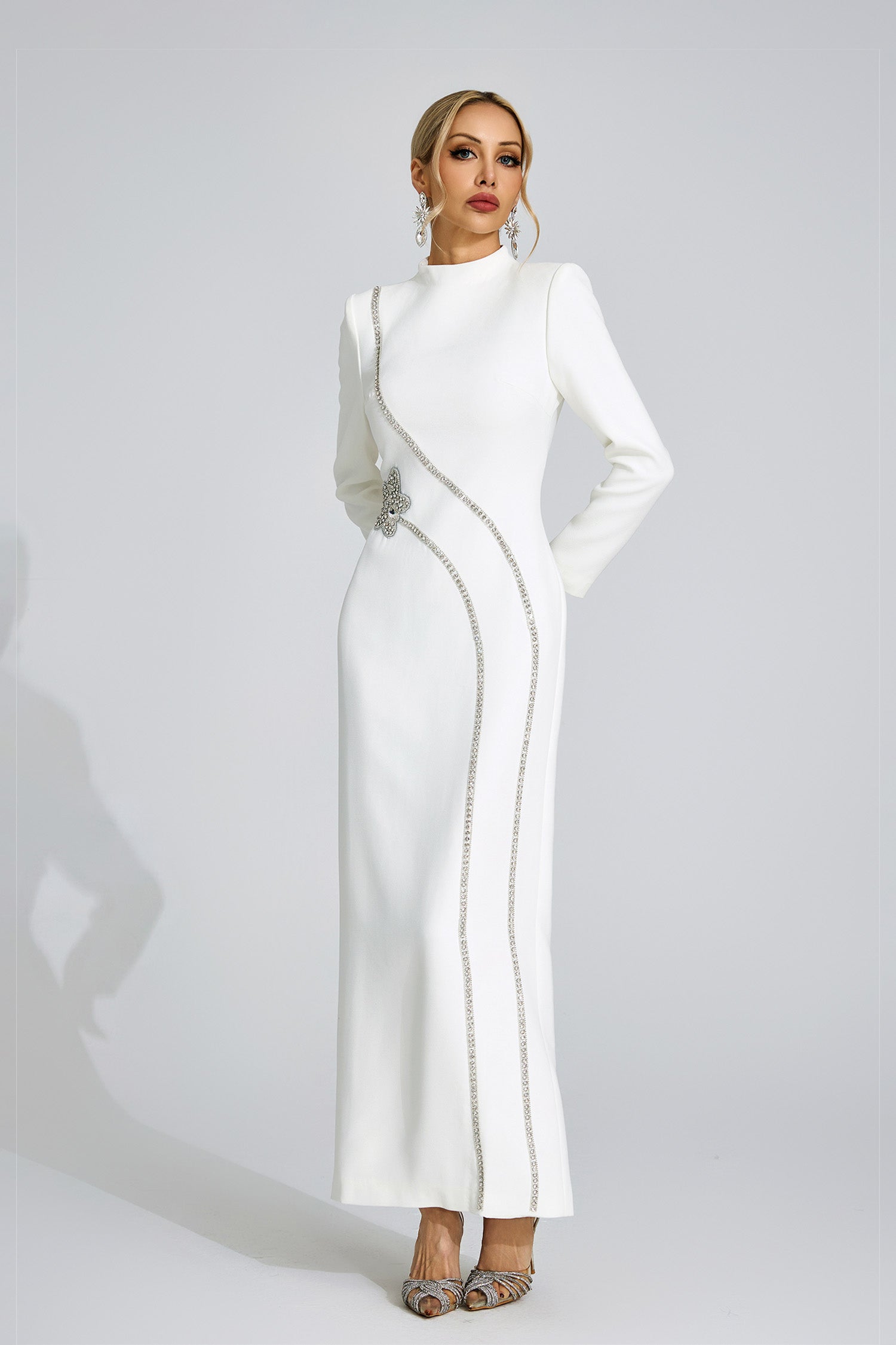 Flowering Girl Women nicola Diamond embellished long sleeve Maxi Dress - white