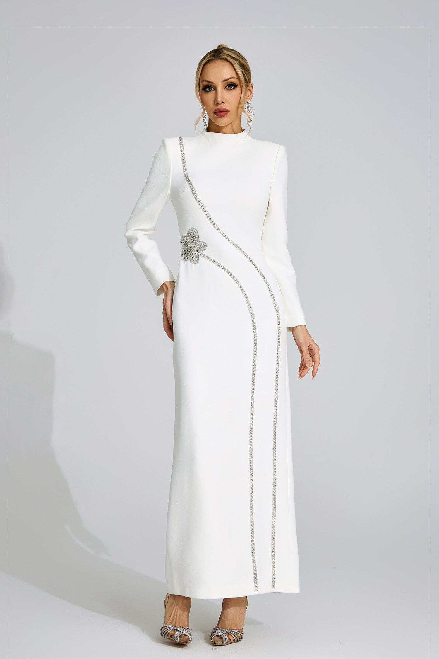 Flowering Girl Women nicola Diamond embellished long sleeve Maxi Dress - white