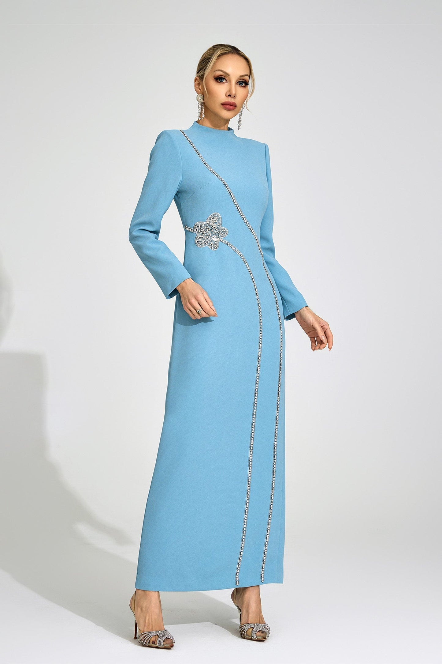 nicola Diamond embellished long sleeve Maxi Dress - blue