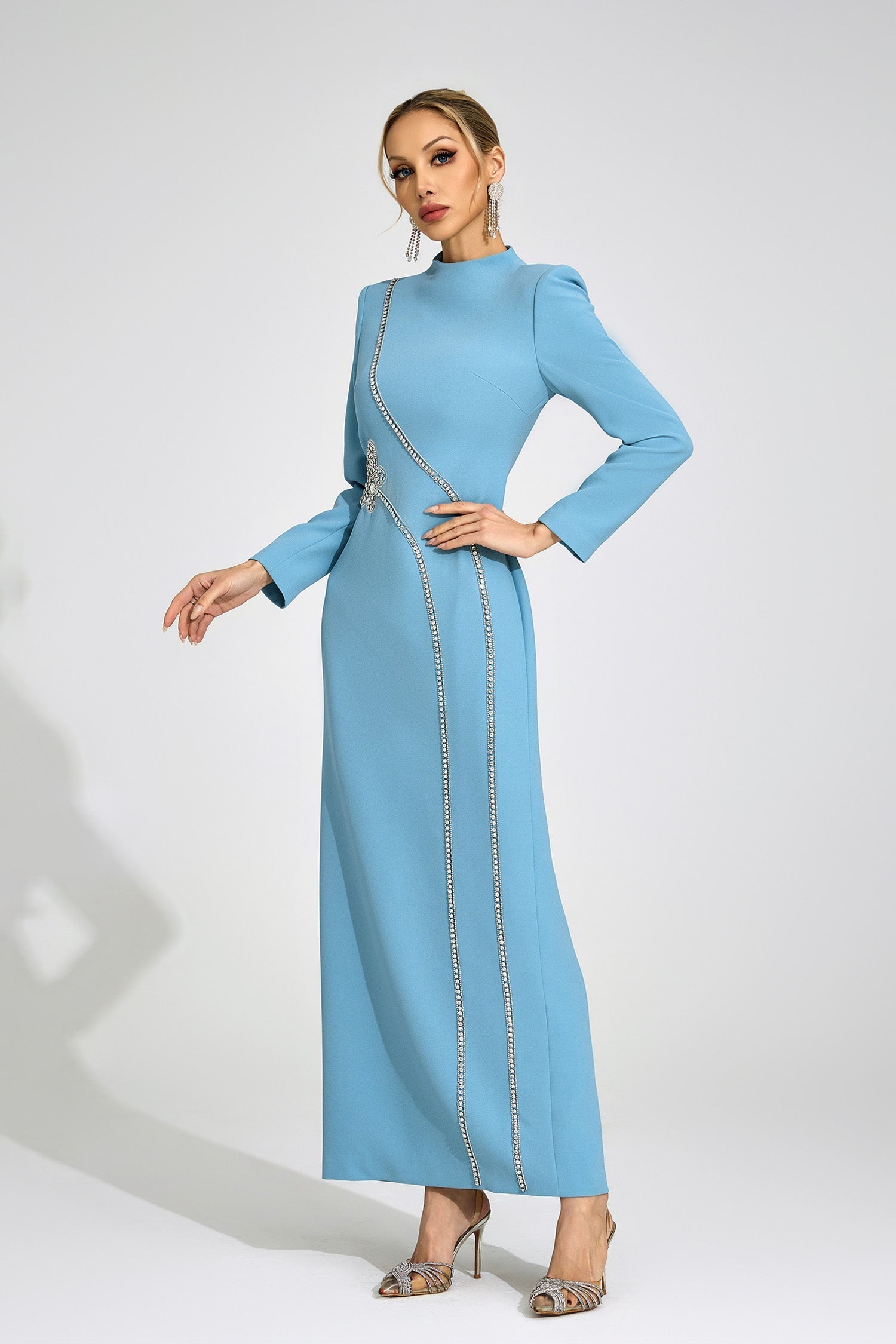 Flowering Girl Women nicola Diamond embellished long sleeve Maxi Dress - blue