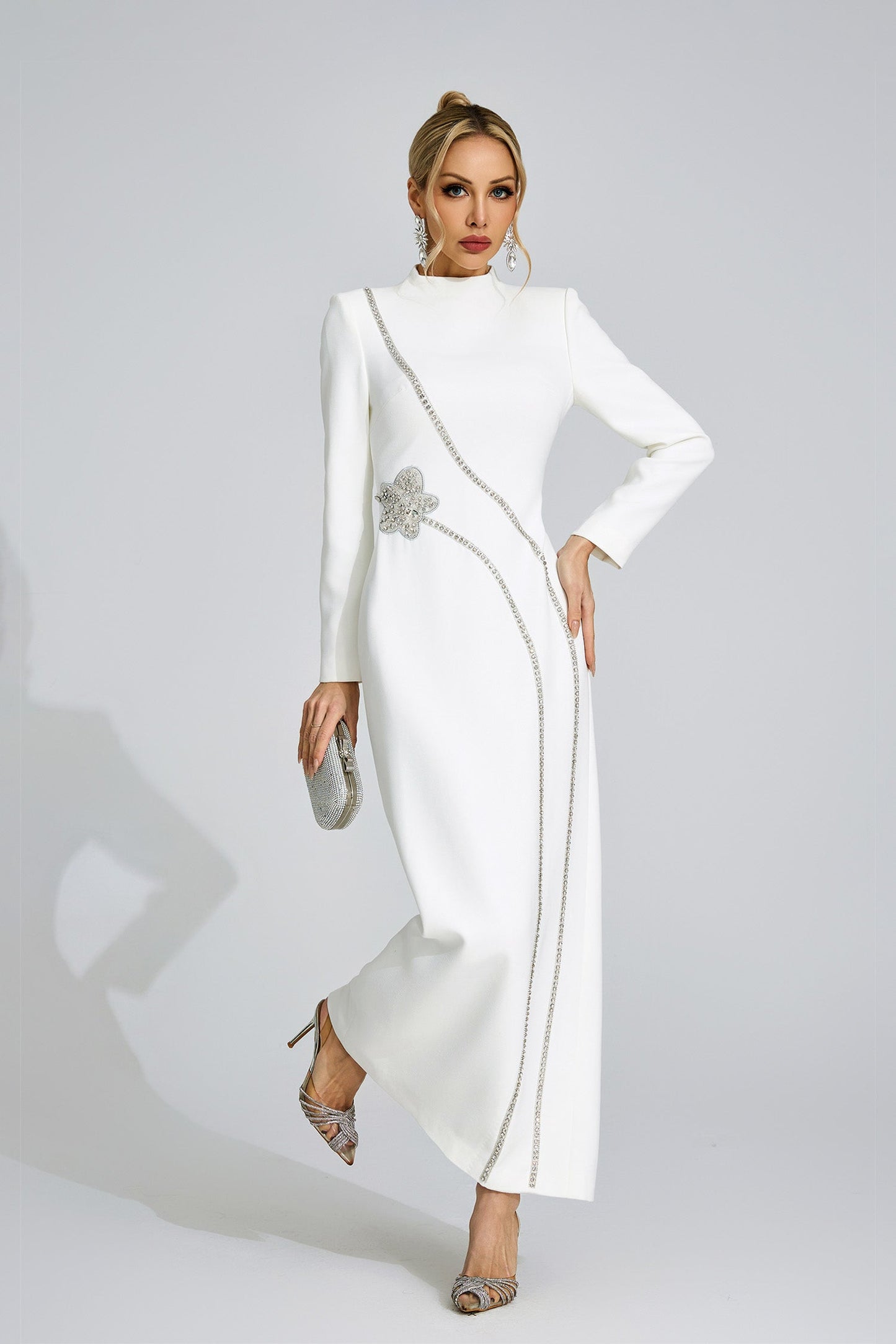 nicola Diamond embellished long sleeve Maxi Dress - white