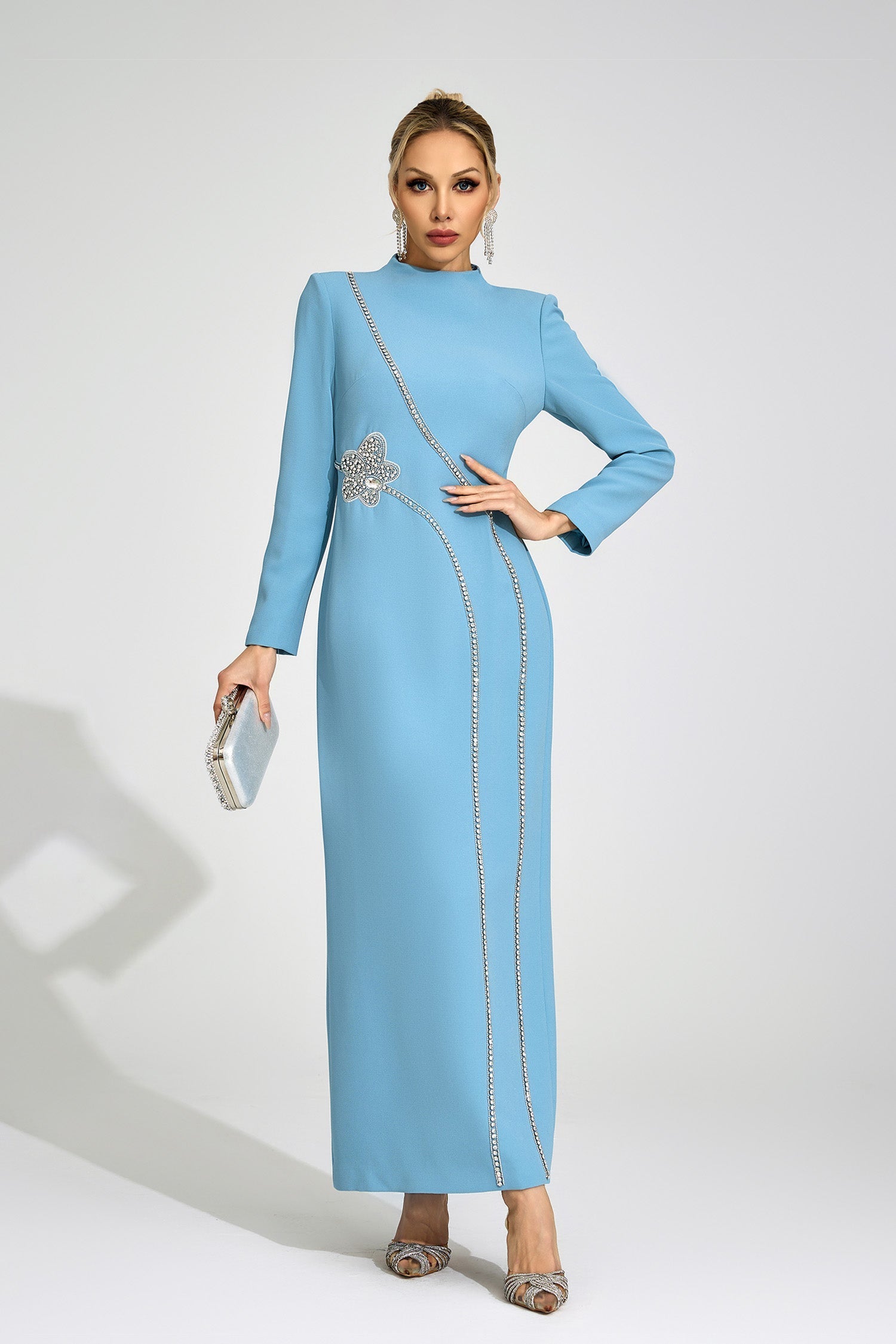 Flowering Girl Women nicola Diamond embellished long sleeve Maxi Dress - blue