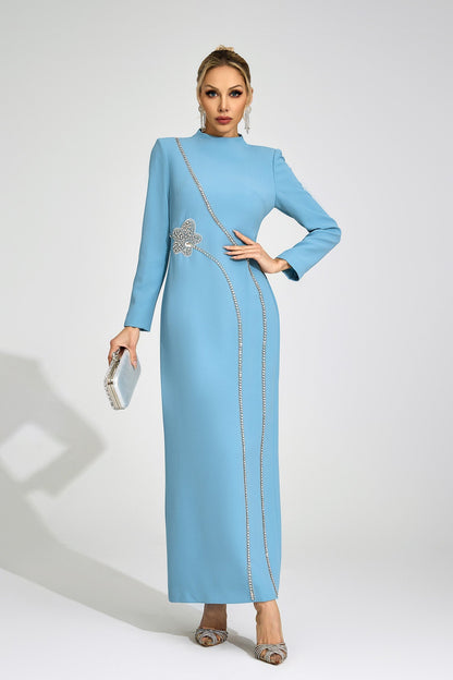 nicola Diamond embellished long sleeve Maxi Dress - blue