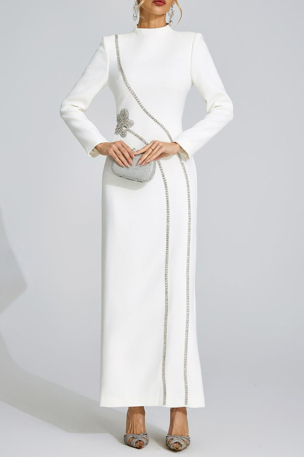 Flowering Girl Women nicola Diamond embellished long sleeve Maxi Dress - white